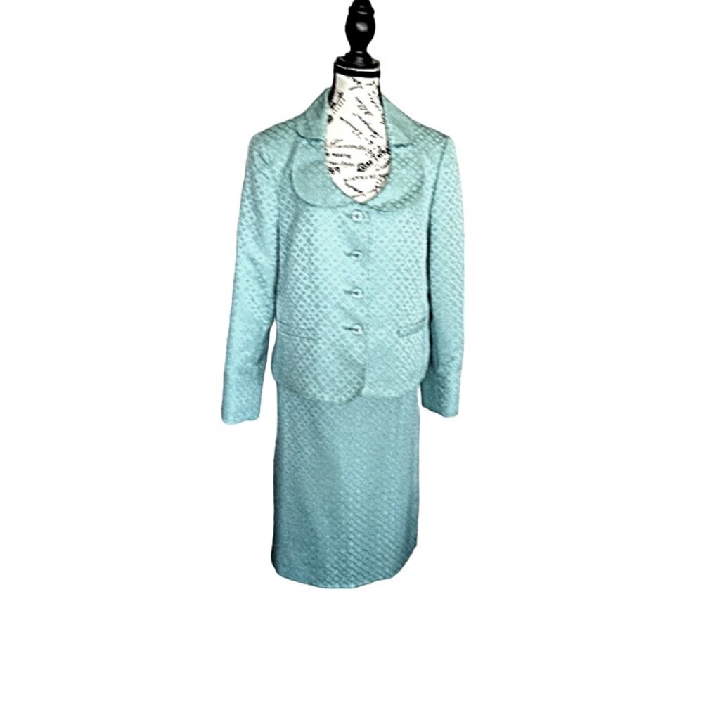 Jones Wear Baby Blue Diamond Abstract Print Jacket / Skirt Suit 14